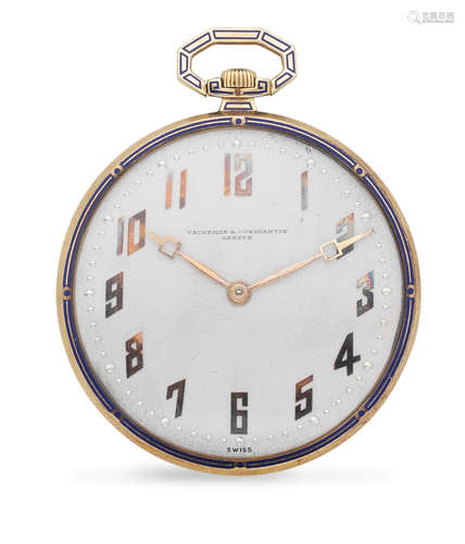 Circa 1910  Vacheron & Constantin. An 18K gold keyless wind open face pocket watch with enamel decoration