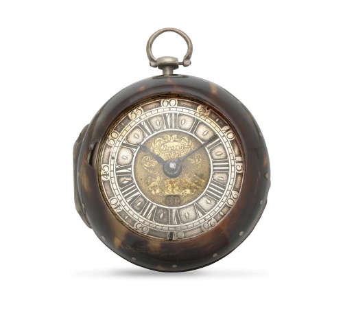 Circa 1690  Michael Brosy, Friedberg. A silver and tortoiseshell key wind pair case pocket watch