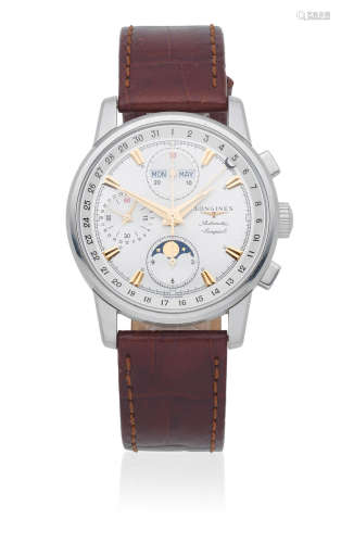 Conquest, Ref: L1.642.4, Sold 21st December 2004  Longines. A stainless steel automatic triple calendar chronograph wristwatch with moon phase