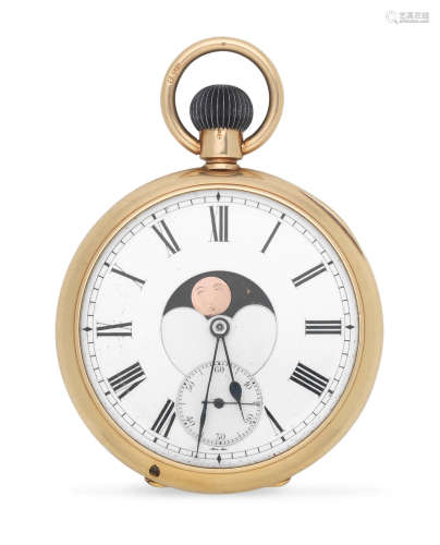 London Import mark for 1907  An 18K gold keyless wind dual dialled open face pocket watch with moon phase and triple calendar