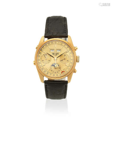 Golden Hours, Ref: 721.208, Circa 1985  Heuer. An 18K gold manual wind triple calendar chronograph wristwatch with moon phase