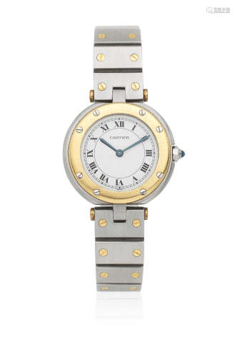 Santos, Circa 1990  Cartier. A lady's stainless steel and gold quartz bracelet watch