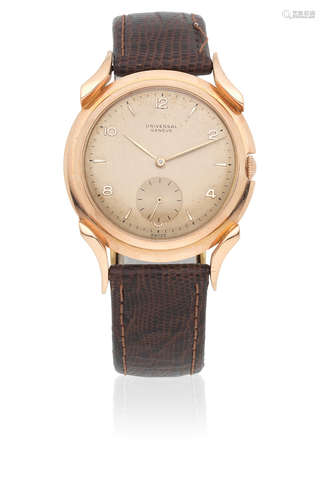 Circa 1960  Universal Genève. An 18K rose gold manual wind wristwatch with horned lugs