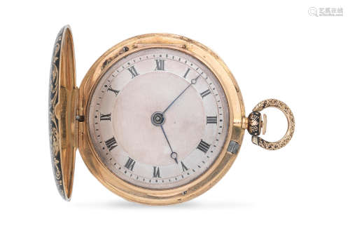 Circa 1830  Bautte & Moynier, A Geneve. A gold key wind full hunter quarter repeating pocket watch with enamel decoration