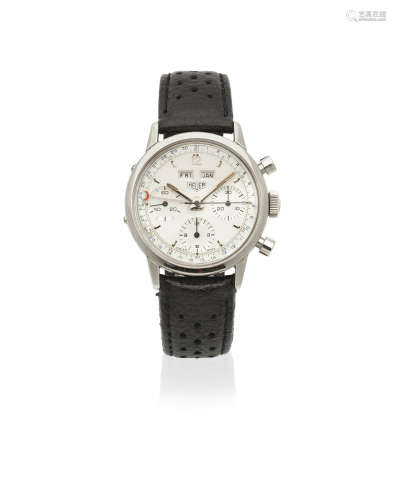 Carrera Dato, Ref: 2547S, Circa 1972  Heuer. A stainless steel manual wind triple calendar chronograph wristwatch