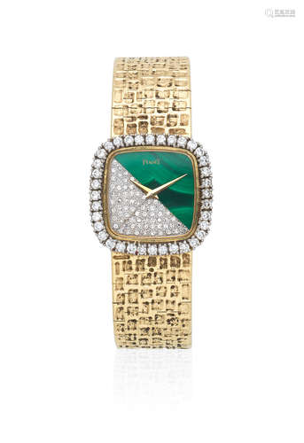 Circa 1980  Piaget. A lady's 18K gold, diamond and malachite manual wind bracelet watch