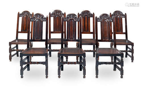 A set of seven Charles II joined oak high-back chairs, Lancashire, circa 1680