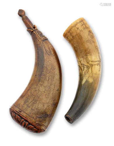 An engraved cow-horn powder flask, probably Scottish