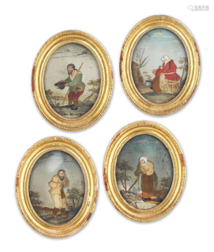 A set of four late 18th century oval card and silk pictures of country folk