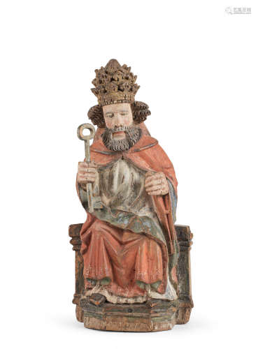 An early 18th century carved and polychrome-decorated sculpture, St Peter, North European, possibly German