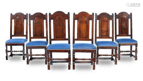 A set of six joined oak backstools, Lancashire, circa 1700