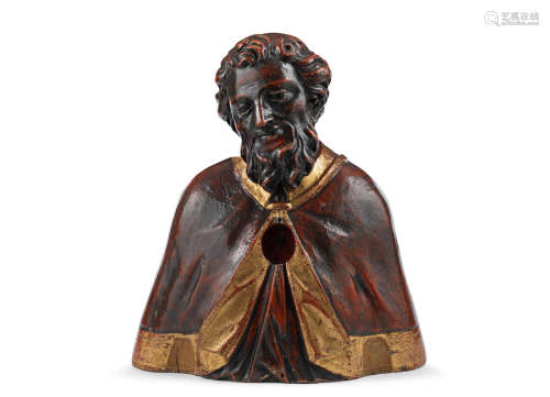 An 18th century polychrome-painted pine reliquary bust, possibly St. Stephen