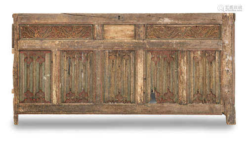 A mid-16th century large joined oak and polychrome-decorated coffer front, circa 1540
