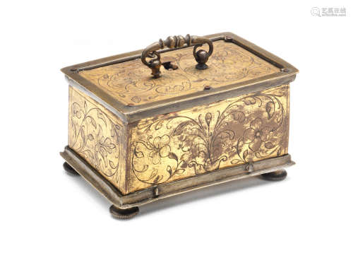 In the manner of Michel Mann (d. circa 1630) An early 17th century gilt copper, brass and blued steel miniature casket, or petit coffret, Augsburg or Nuremberg, circa 1620