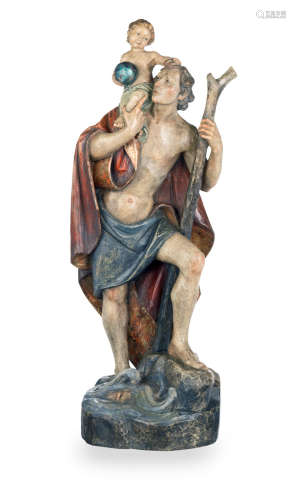 A polychrome-painted carved figure group, St Christopher