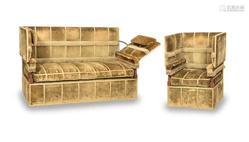 By Morant & Co (fl.1885-1915) An Edwardian walnut show-frame and upholstered knole-type sofa and armchair ensuite, circa 1910