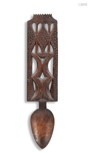 An early Victorian carved fruitwood love spoon, North Wales, circa 1840