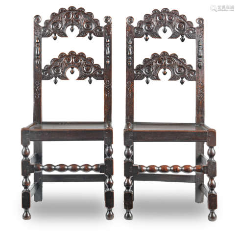 A pair of Charles II joined oak backstools, Derbyshire/South Yorkshire, circa 1675