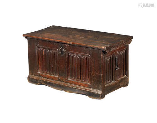 A late 16th century small joined oak linenfold-carved coffer, Flemish, circa 1570