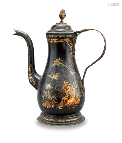 The rim of the lid impressed with the letters 'KK' An early George III japanned tortoiseshell-ground copper and tin coffee pot, Pontypool, circa 1760 - 70