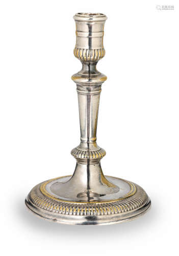 An early 18th century silvered brass candlestick, French/English, probably Huguenot, circa 1700 - 1725