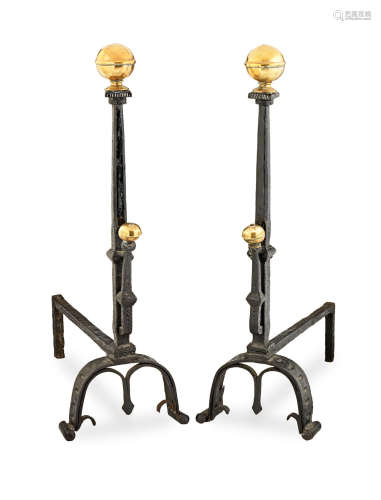 A pair of late 17th century brass and wrought-iron andirons, Italian, circa 1690