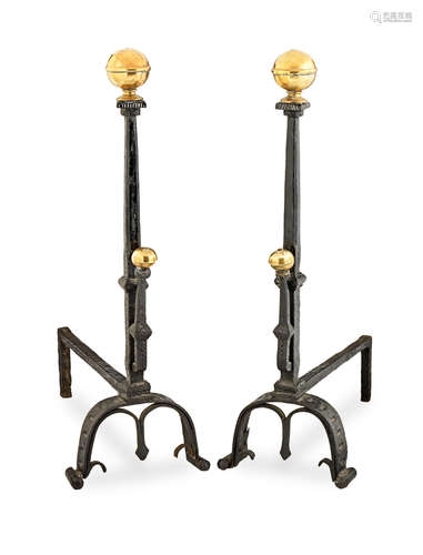 A pair of late 17th century brass and wrought-iron andirons, Italian, circa 1690