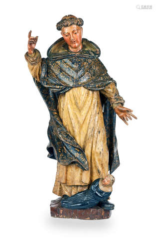An 18th century parcel-gilt and polychrome-decorated figure of a male saint, possibly Zenobius of Florence