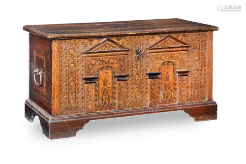 A late 16th century Anglo-German oak, beech and fruitwood parquetry and marquetry-inlaid 'Nonsuch' chest, circa 1580