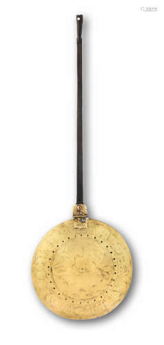 A Commonwealth brass and wrought iron warming pan, dated 1659