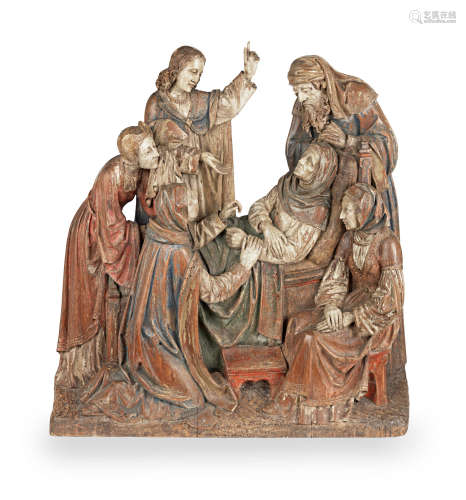 In the Gothic manner A large carved oak and polychrome-decorated sculpture, possibly The Death of the Virgin