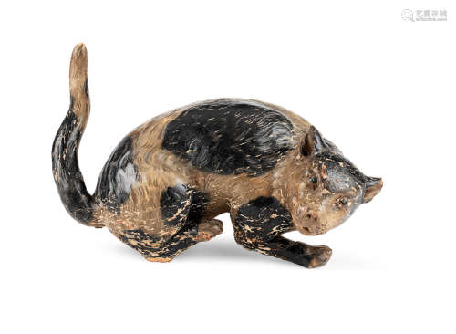 A rare painted and carved pine sculpture of a cat, English, circa 1800