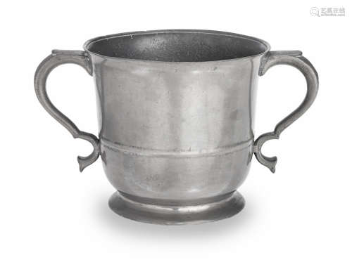 An unusually large George II pewter two-handled cup, almost certainly Wigan, circa 1750