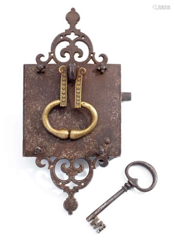 A late 17th century/early 18th century iron and brass half mortise lock and key, with latch, probably French, circa 1700