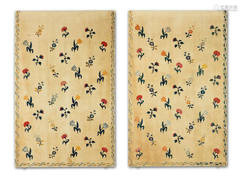 A pair of early 18th century embroidered panels, English, circa 1700