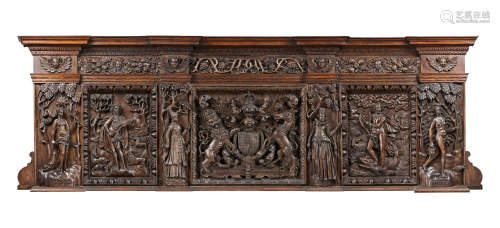 An important and impressive James I/Charles I carved oak overmantel, probably Newcastle, circa 1625