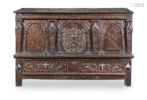 Carved with the Arms of Richard Kilburne, (1605-1678), of Kent An interesting Charles I joined oak and inlaid chest with drawer, circa 1630-40