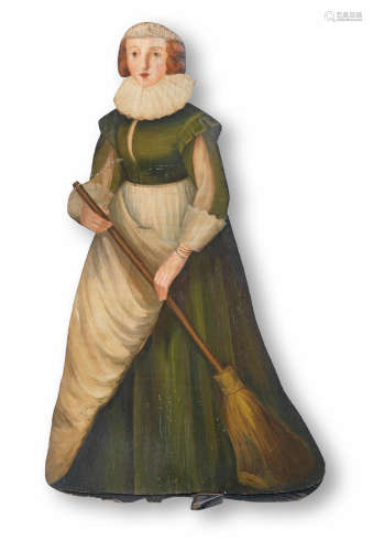 A late 19th century painted dummy board, of a 17th century maid