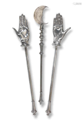 A set of three Victorian pewter and Britannia Metal Friendly Society poles or maces, circa 1840
