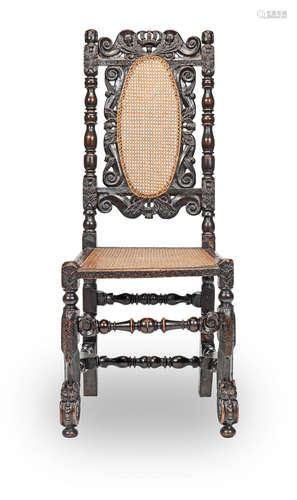 An interesting late 17th century walnut and caned side chair, English, circa 1685