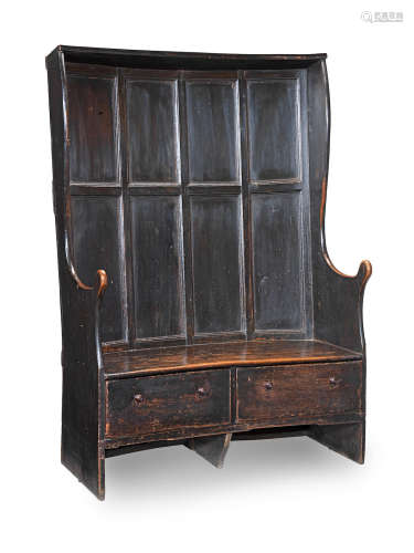 A late George III small boarded elm and painted bowed high-back canopy box-settle, West Country, circa 1800