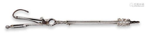 A pair of George I steel ember tongs, dated 1726