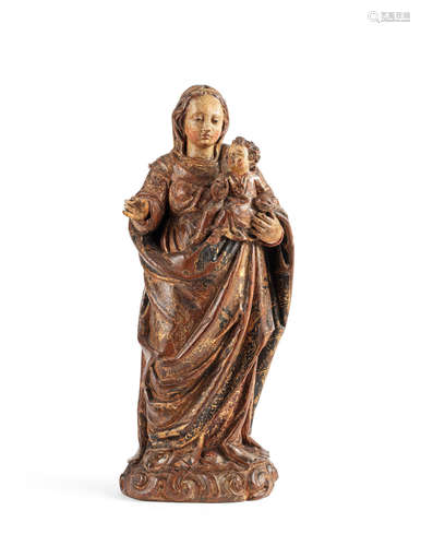 A late 17th/early 18th century parcel-gilt and polychrome-painted sculpture, The Assumption of the Virgin, possibly Italian