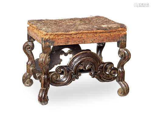 A joined beech and upholstered stool, circa 1700