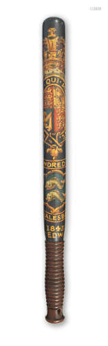An early Victorian polychrome-painted and parcel gilt truncheon, made for Edward Edwards, High Constable of the Hundred of Whalesbone, dated 1843