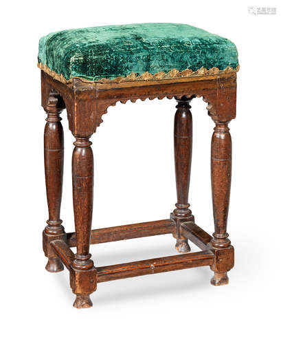 An oak joint stool, with upholstered seat, Flemish, circa 1600 and later