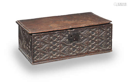 A large Charles I boarded oak box, circa 1640