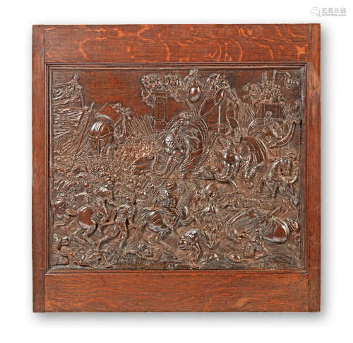 A fine late 16th/early 17th century carved oak panel, French, circa 1600, The Battle between Scipio and Hannibal at Zama