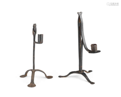 Two late 18th/early 19th century wrought iron table rushnips and candleholders, Welsh, circa 1800