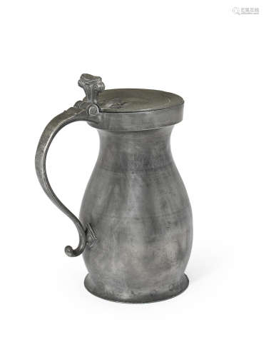 A pewter double-volute baluster measure, O.E.W.S. gallon, English